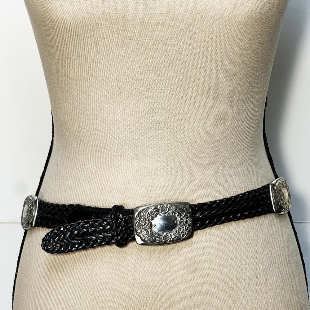 Brighton Vintage Black Braided Leather Belt Silver Buckle Conchos Womens size L